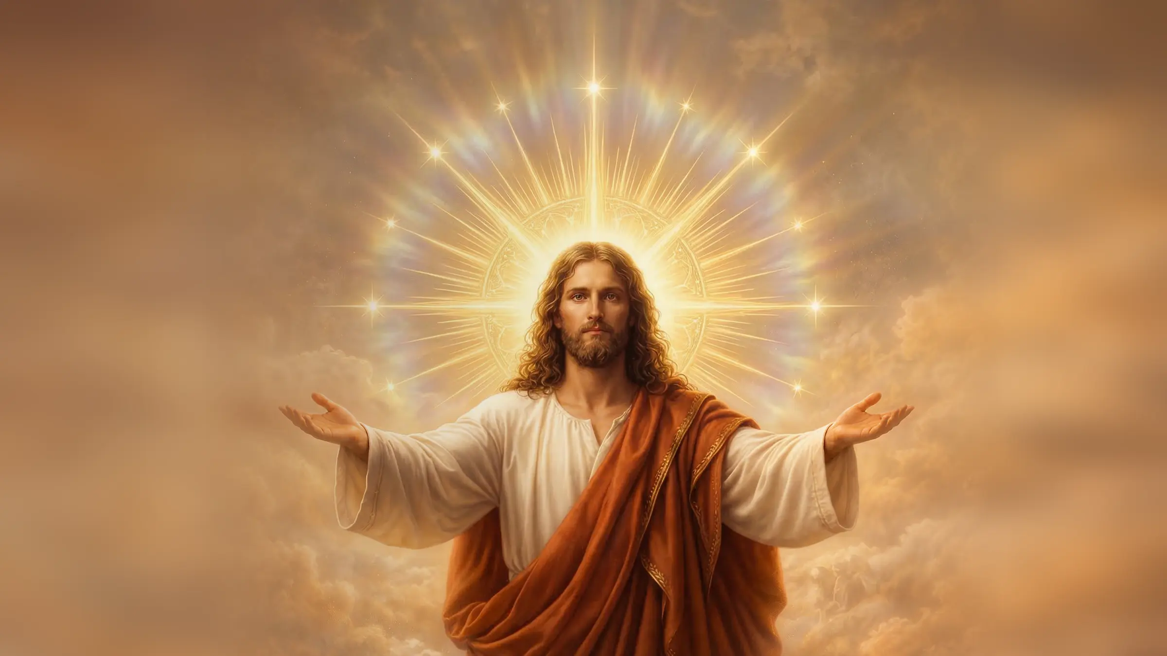 Painting of Jesus Christ with arms open in golden light above the clouds